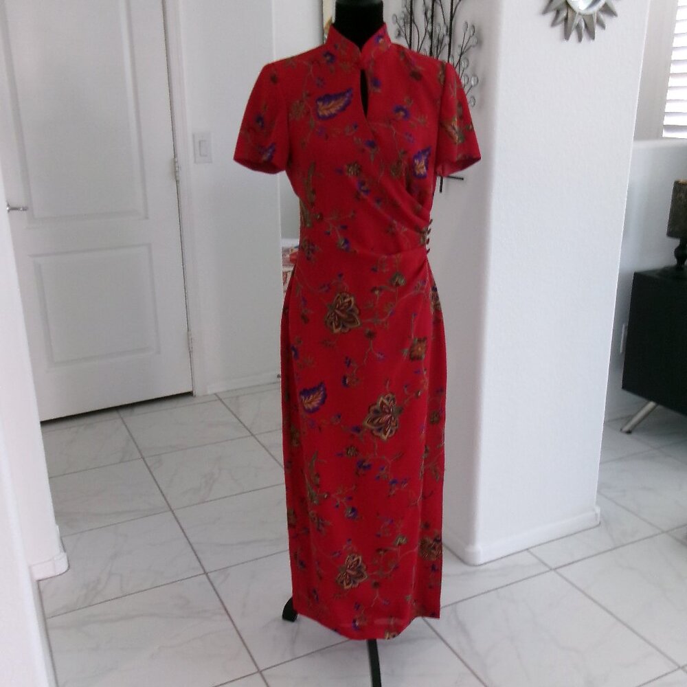Vintage David Warren Red Asian Style Maxi Dress S 4 6 Short Sleeve Mandarin